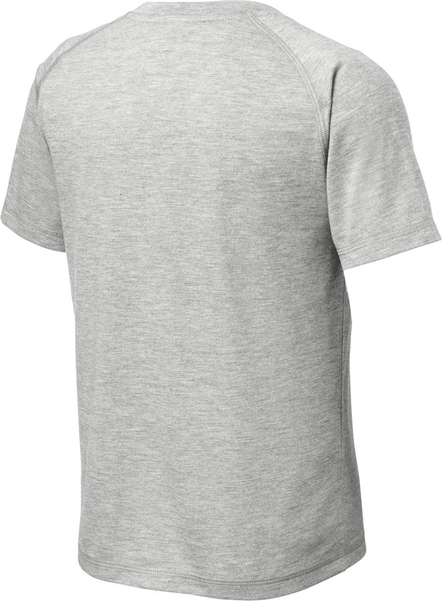 Front View of Light Grey Hth Sport-Tek Youth PosiCharge Tri-Blend Wicking Raglan Tee. YST400