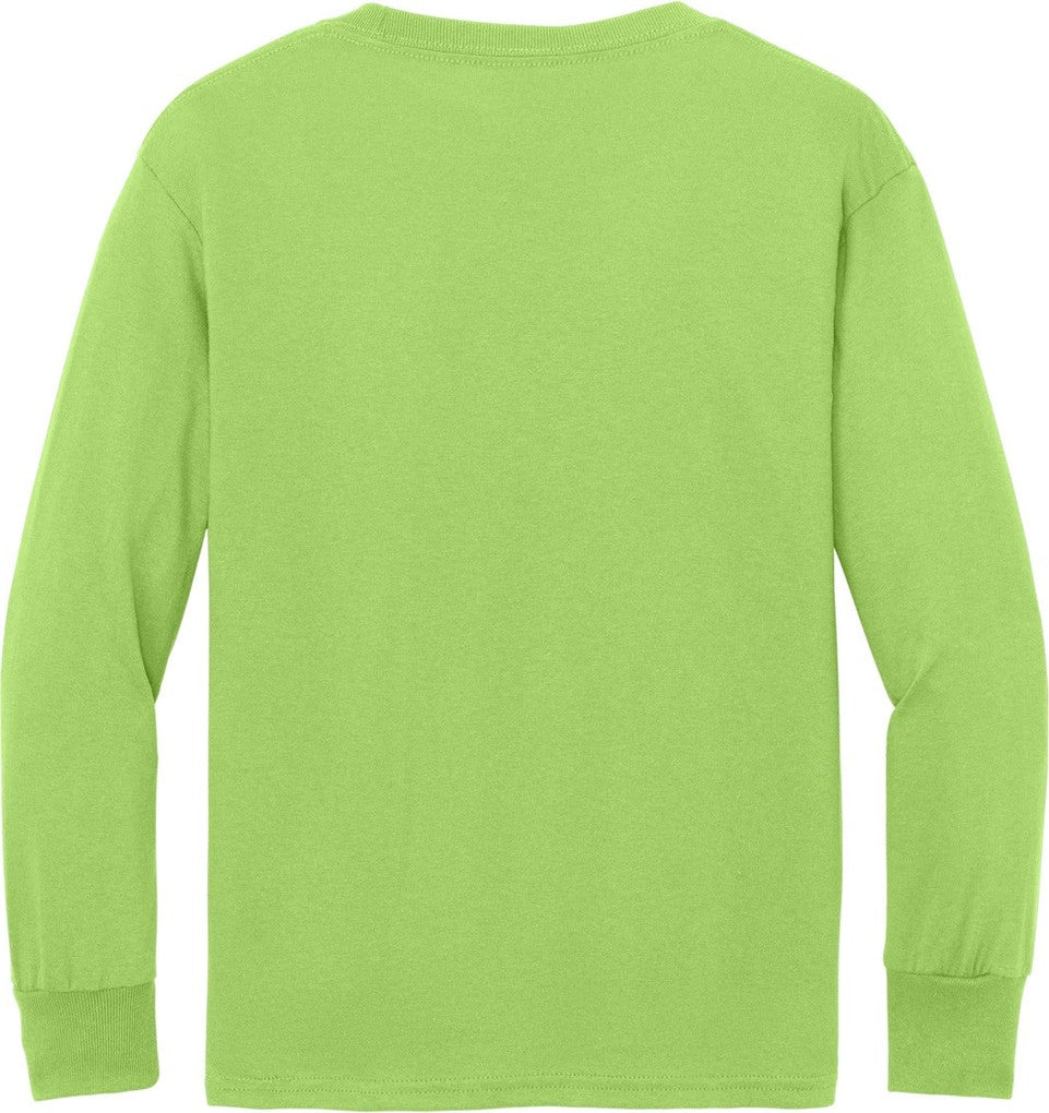 Front View of Lime Port & Co Youth Long Sleeve Core Cotton Tee. PC54YLS