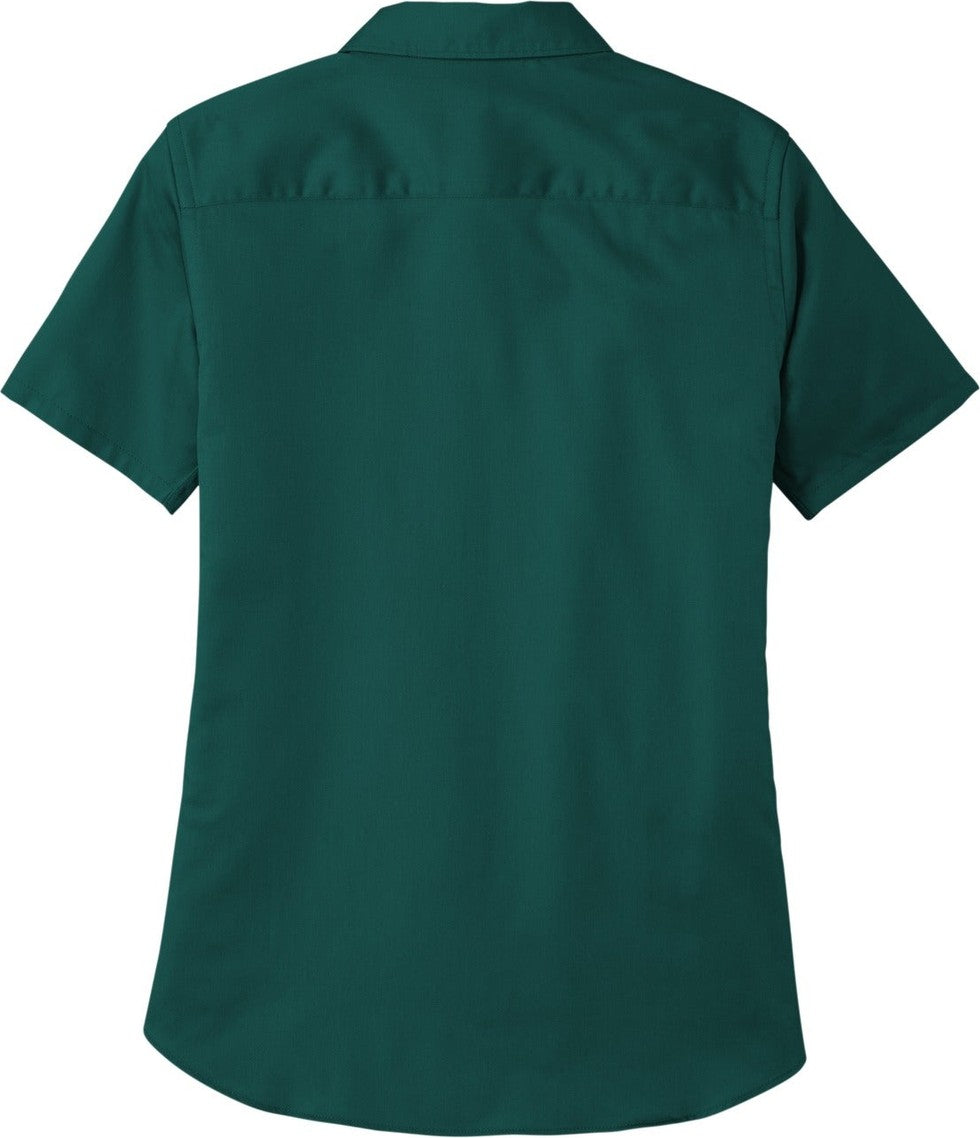 Rear View of MarineGrn Port Authority Women's Short Sleeve SuperPro React Twill Shirt. LW809