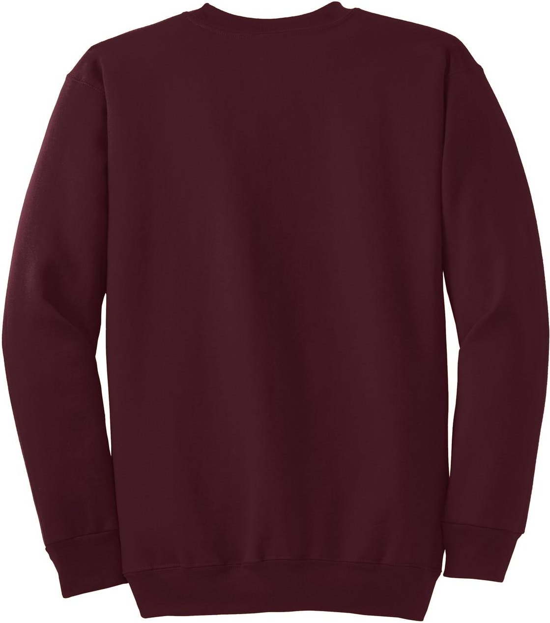 Rear View of Maroon Port & Co Tall Essential Fleece Crewneck Sweatshirt. PC90T