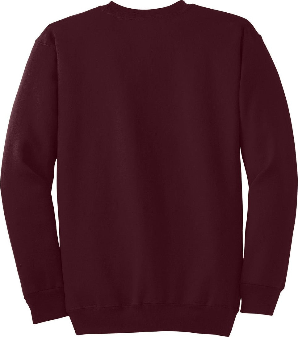 Rear View of Maroon Port & Co Tall Essential Fleece Crewneck Sweatshirt. PC90T