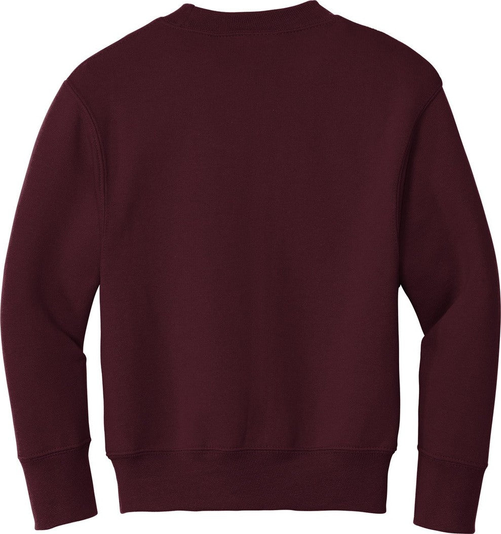 Front View of Maroon Port & Co Youth Core Fleece Crewneck Sweatshirt. PC90Y