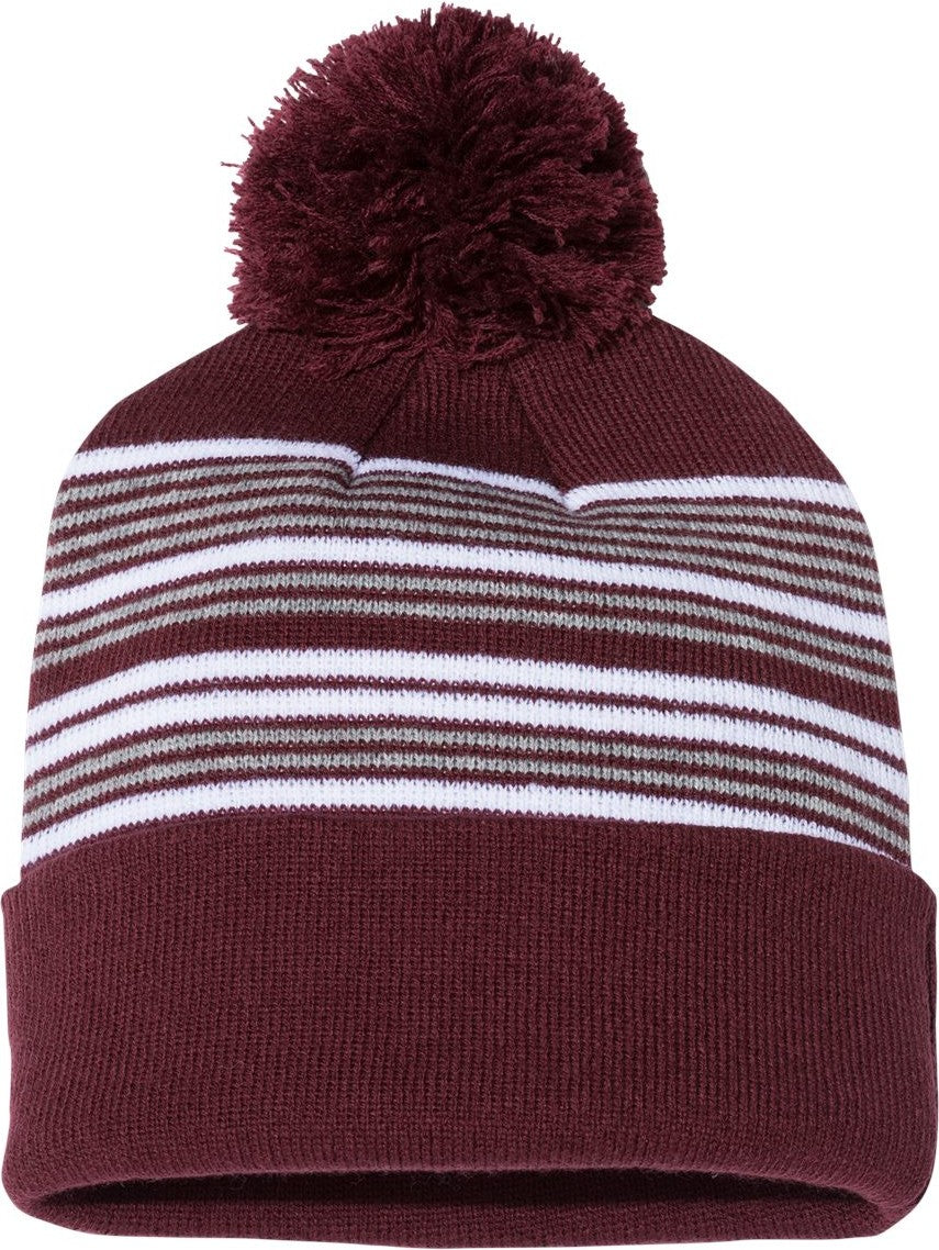 Rear View of Maroon/ White/ Grey 12" Striped Pom-Pom Cuffed Beanie - SP60