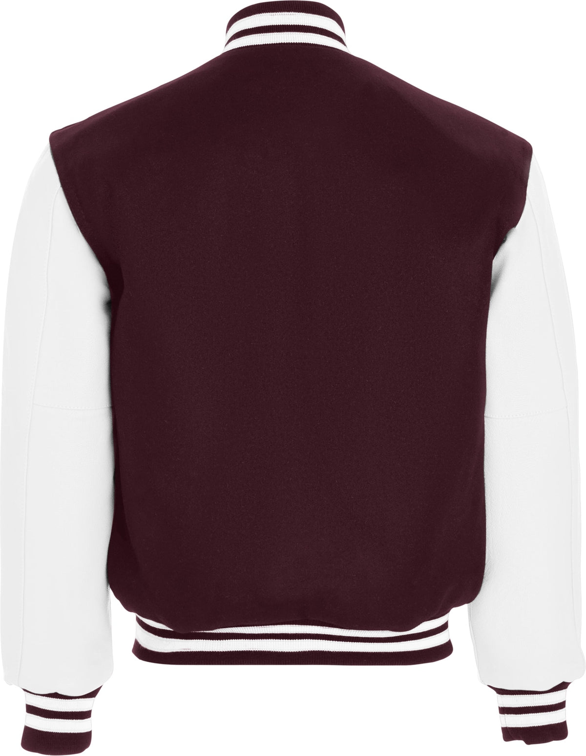 Rear View of MAROON/WHITE VARSITY WOOL JACKET