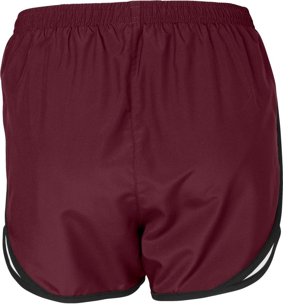 Front View of Maroon/Wht/Blk Sport-Tek Women's Cadence Short. LST304