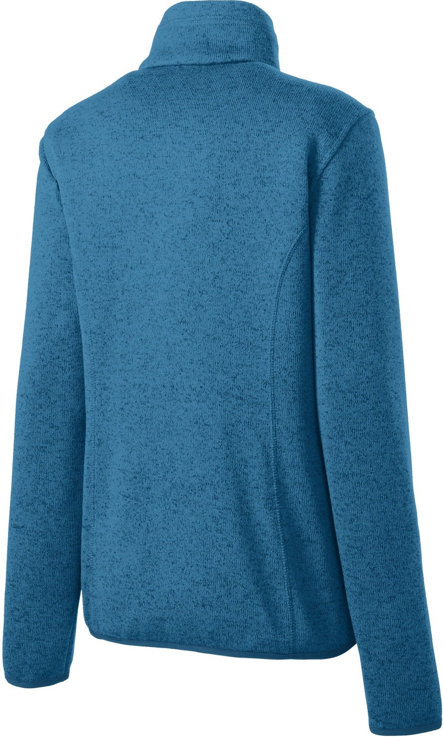 Rear View of Med Blue Hthr Port Authority Women's Sweater Fleece Jacket. L232