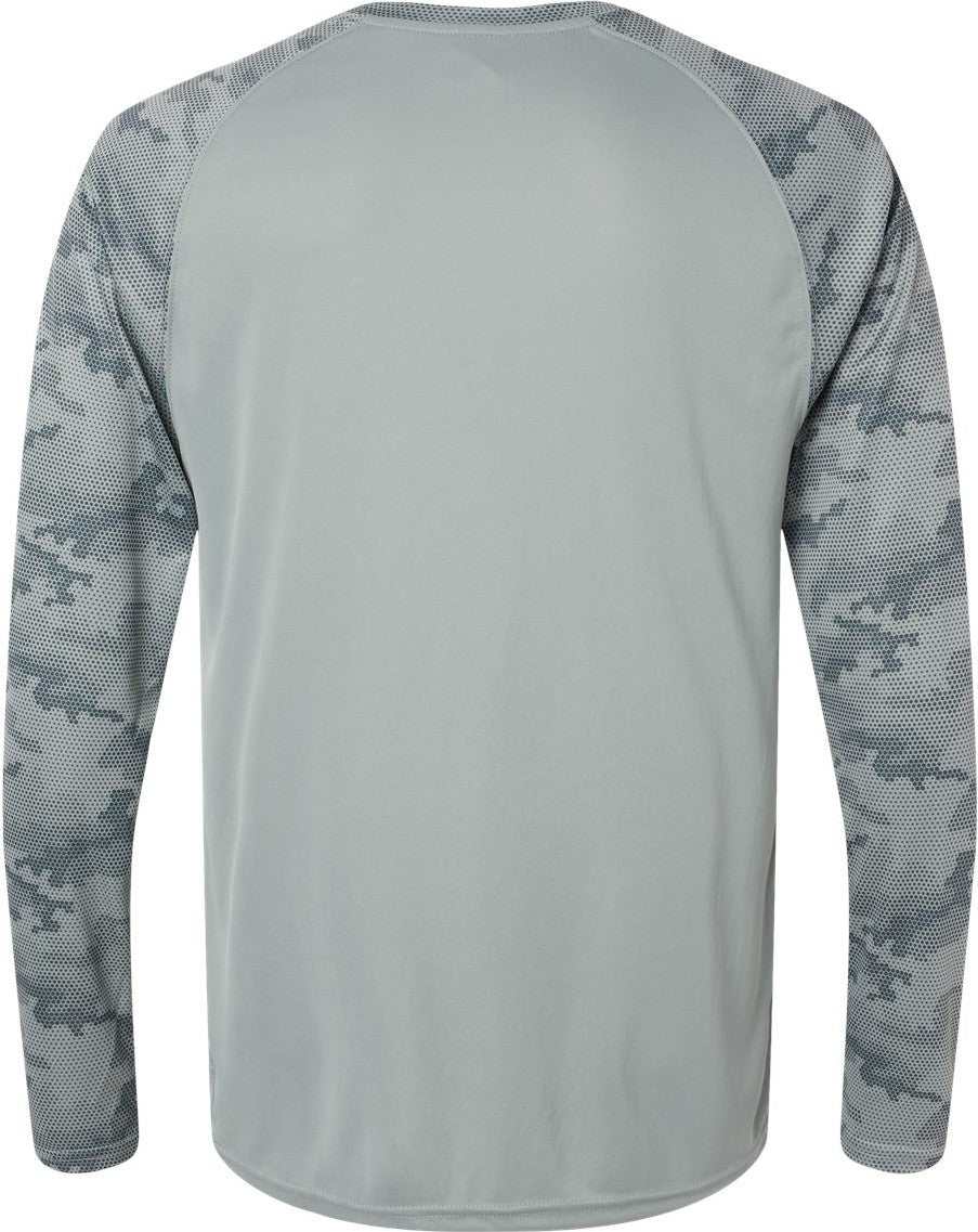 Rear View of Medium Grey Cayman Performance Camo Colorblocked Long Sleeve T-Shirt - 216