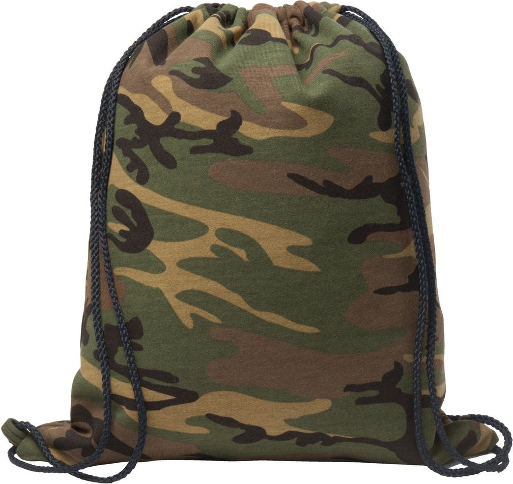 Rear View of Military Camo Port & Co Core Fleece Sweatshirt Cinch Pack. BG614