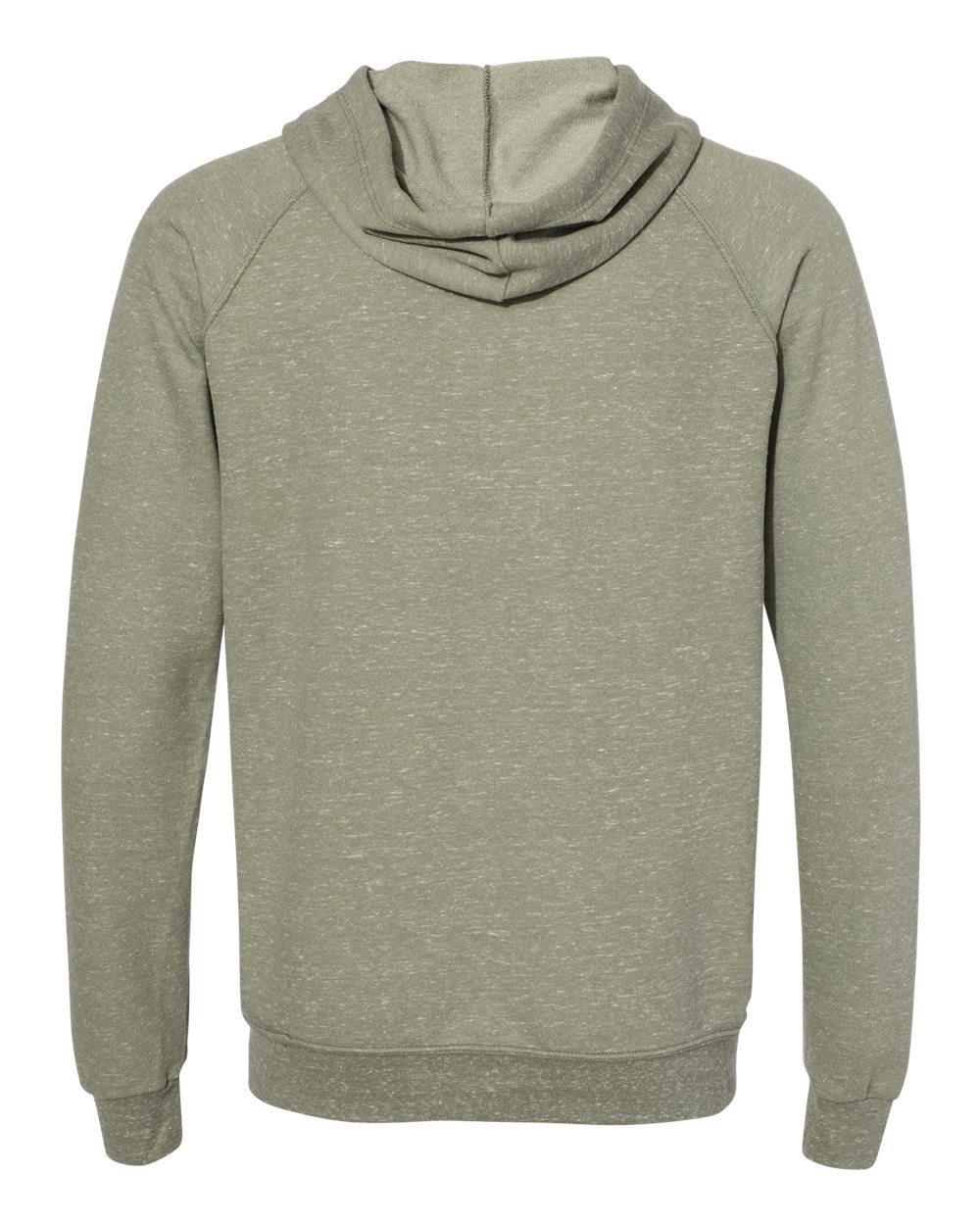 Rear View of Military Green Snow Heather French Terry Raglan Hooded Sweatshirt - 90MR