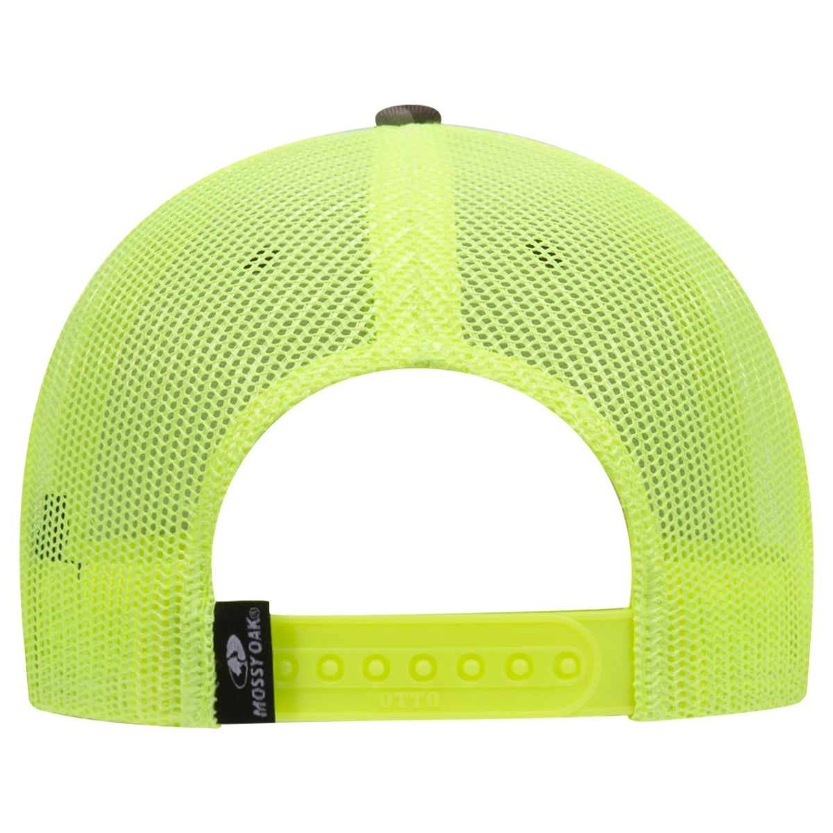 Rear View of MO1140 - Bottomland/N.Ylw OTTO CAP Mossy Oak Camouflage 6 Panel Low Profile Mesh Back Trucker Hat