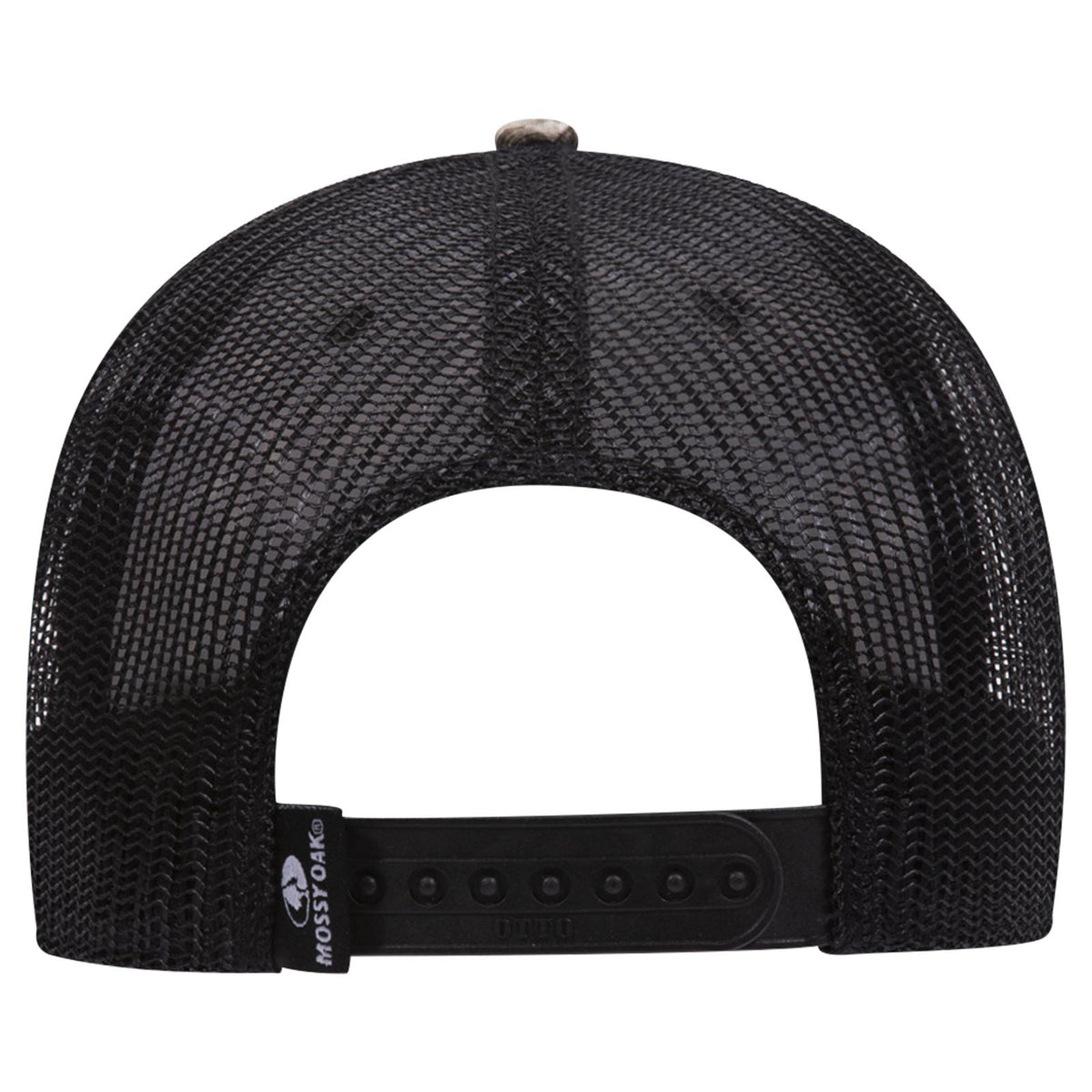 Rear View of MO203 - Break Up Country/Blk OTTO CAP Mossy Oak Camouflage 6 Panel Low Profile Mesh Back Trucker Hat
