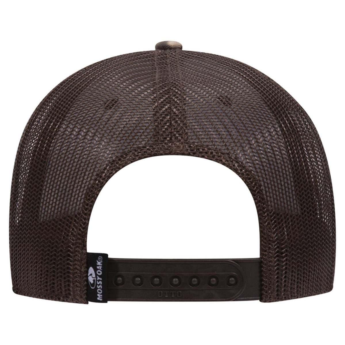Rear View of MO239 - Break Up Country/Dk. Brn OTTO CAP Mossy Oak Camouflage 6 Panel Low Profile Mesh Back Trucker Hat