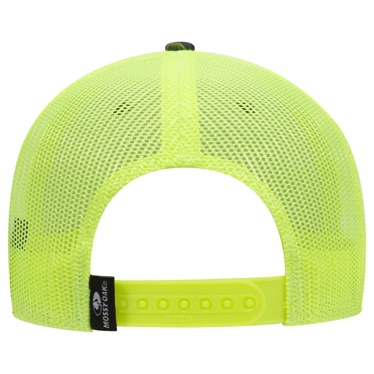 Rear View of MO340 - Obsession/N.Ylw OTTO CAP Mossy Oak Camouflage 6 Panel Low Profile Mesh Back Trucker Hat