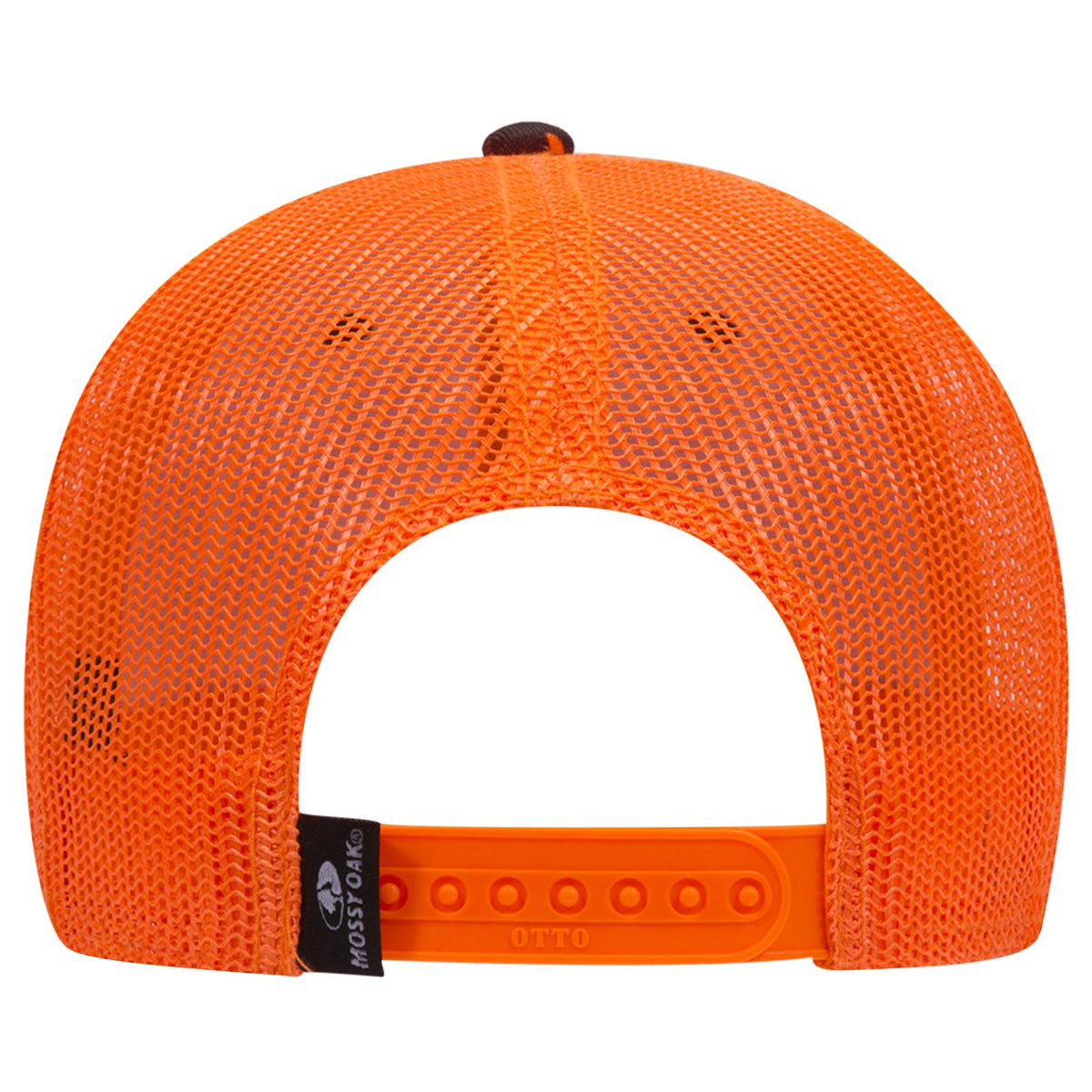 Rear View of MO609 - Blaze/N.Org OTTO CAP Mossy Oak Camouflage 6 Panel Low Profile Mesh Back Trucker Hat