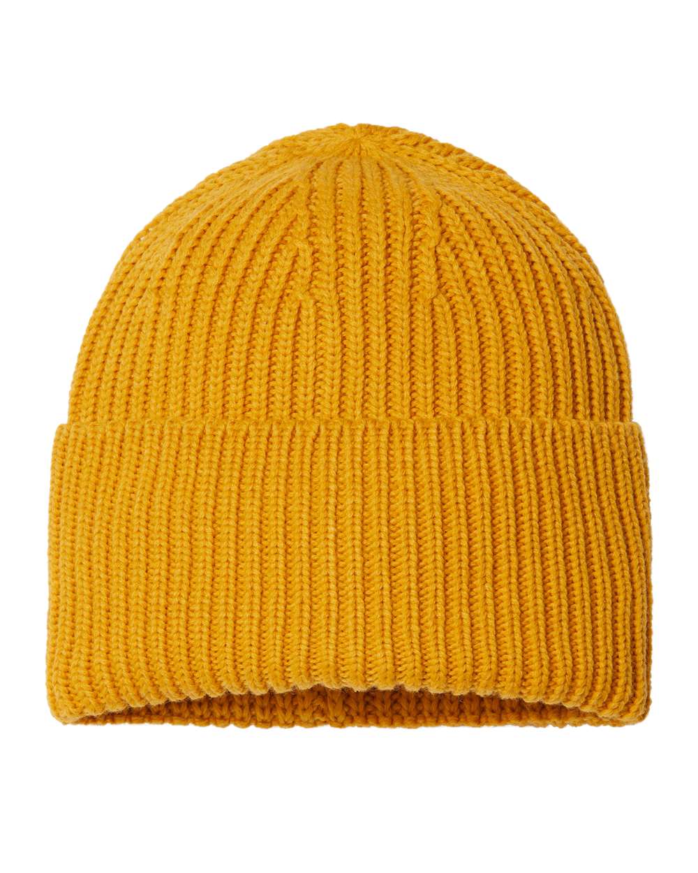 Front View of Mustard Yellow Sustainable Chunky Rib Cuffed Beanie - OAK