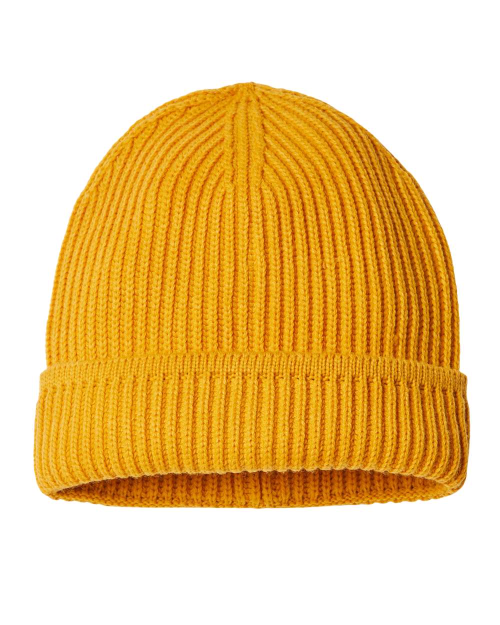Front View of Mustard Yellow Sustainable Finish Edge Cuffed Beanie - MAPLE