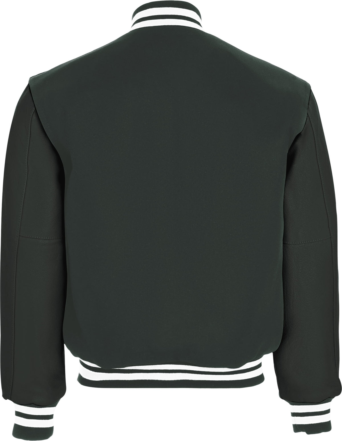 Rear View of MYRTLE/DARK GREEN/WHITE VARSITY WOOL JACKET