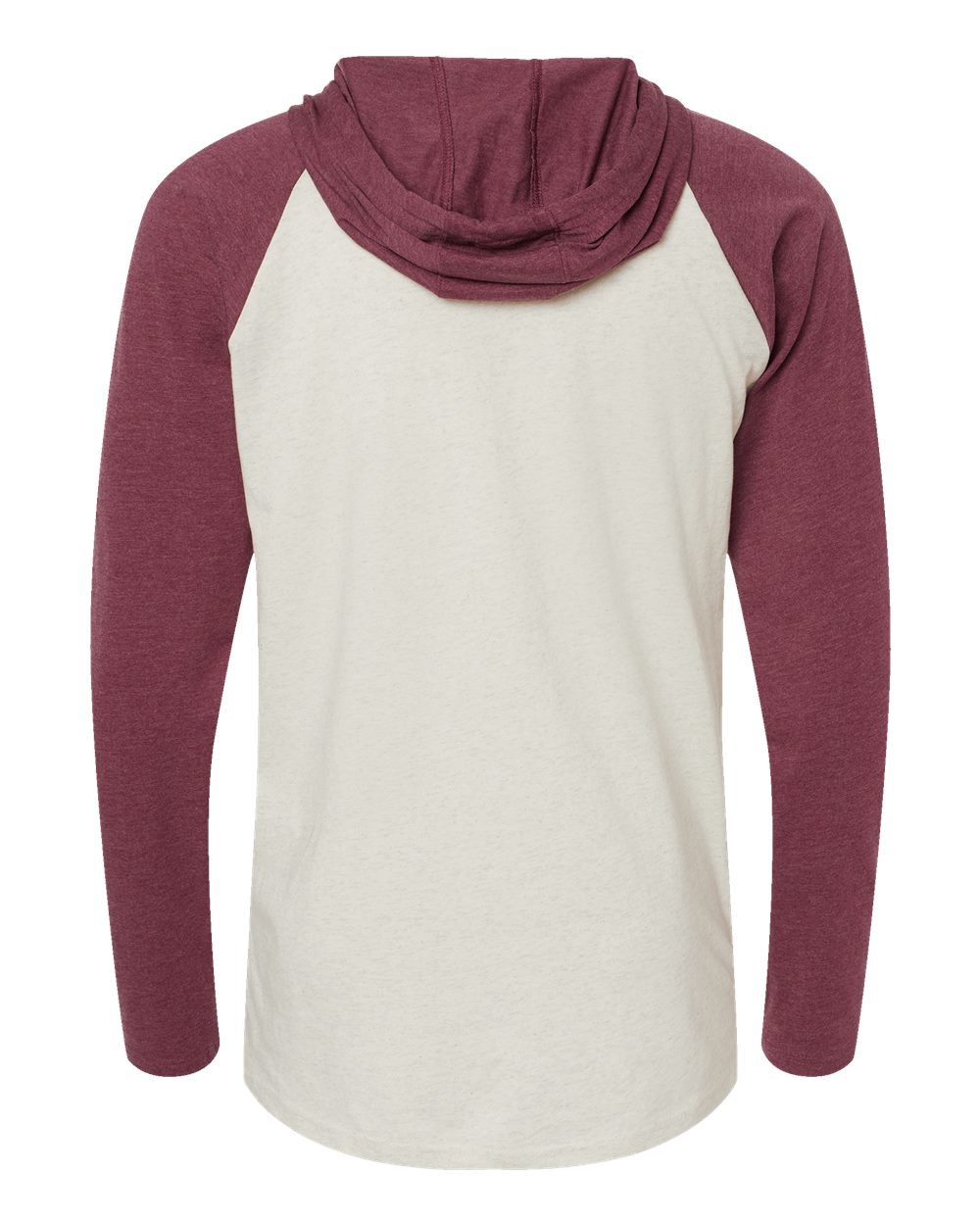 Front View of Natural Heather/ Vintage Burgundy/ Natural Fine Jersey Hooded Long Sleeve Raglan T-Shirt - 6917