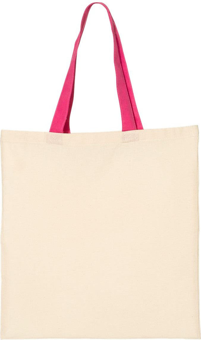 Front View of Natural/ Hot Pink Economical Tote with Contrast-Color Handles - QTB6000