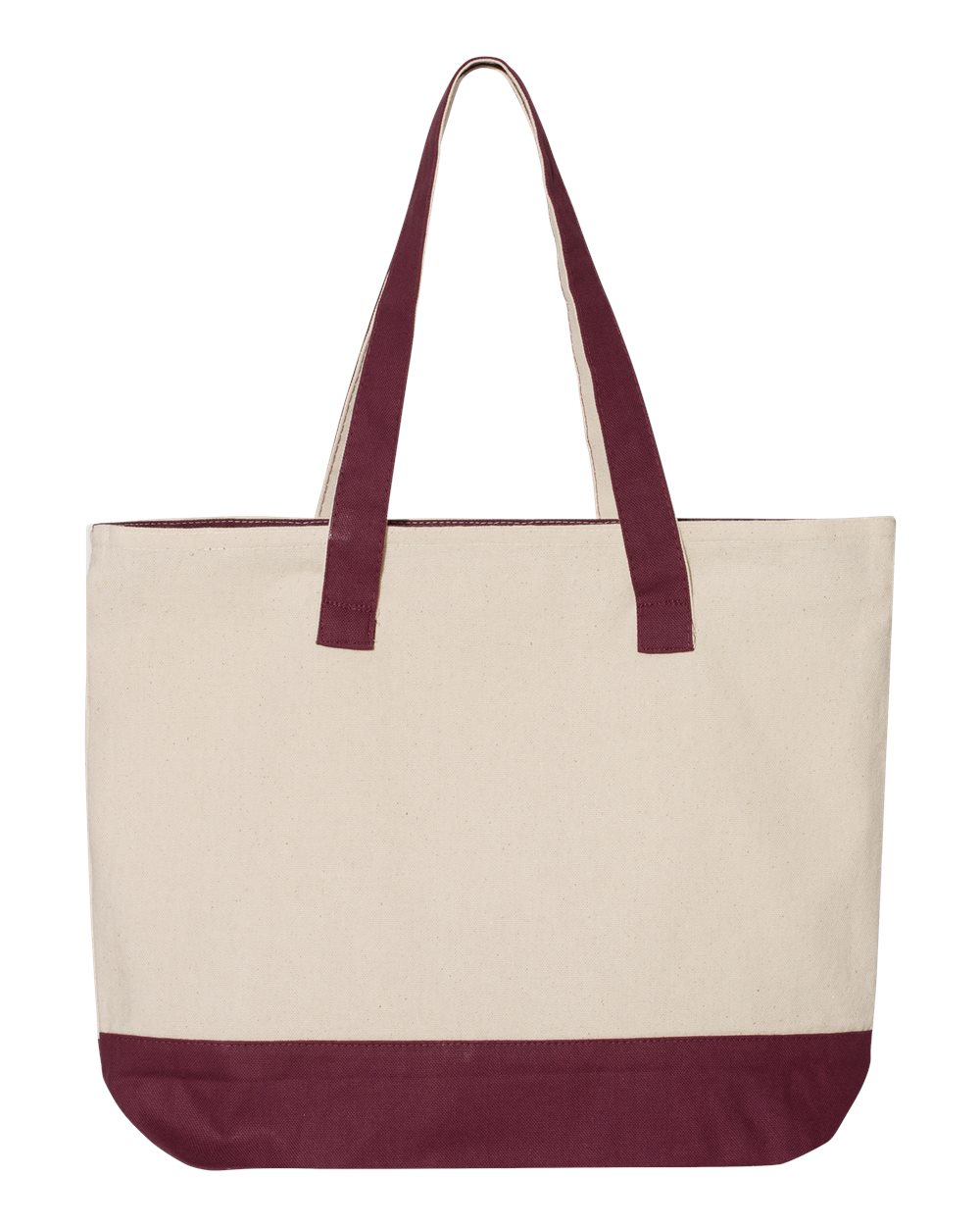 Front View of Natural/ Maroon 19L Zippered Tote - Q1300