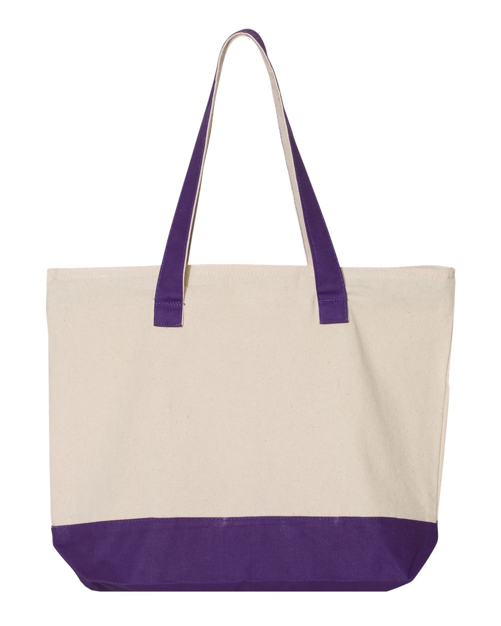 Front View of Natural/ Purple 19L Zippered Tote - Q1300