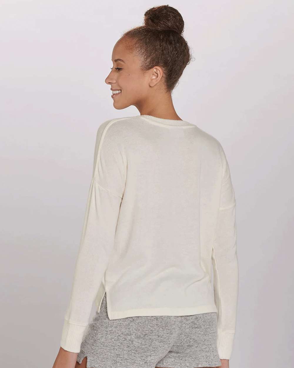 Rear View of Natural Women&#39;s Cuddle Fleece Boxy Crewneck Pullover - L06