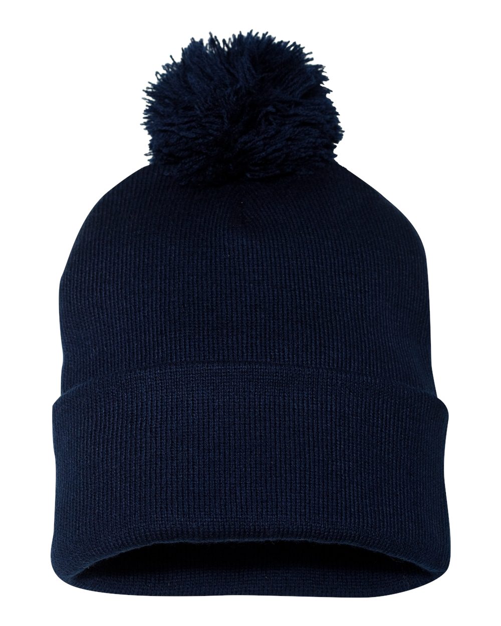 Front View of Navy 12" Pom-Pom Cuffed Beanie - SP15