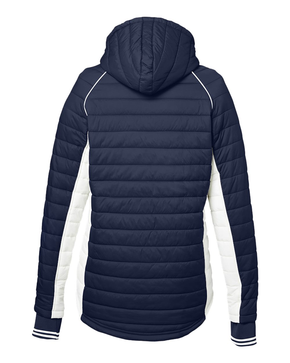 Front View of Navy/ Antique White Women's Nautical Mile Hooded Puffer Jacket - N17187