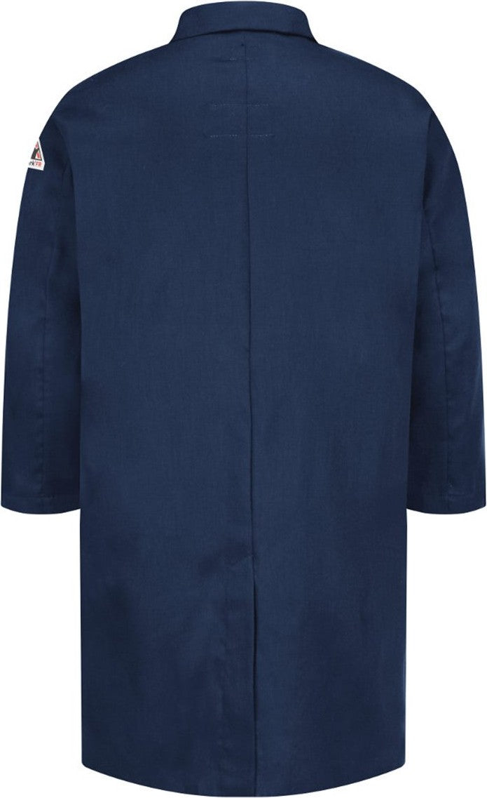 Front View of Navy Concealed Snap Front Lab Coat - EXCEL FR® ComforTouch® - 6 oz. - KLL6