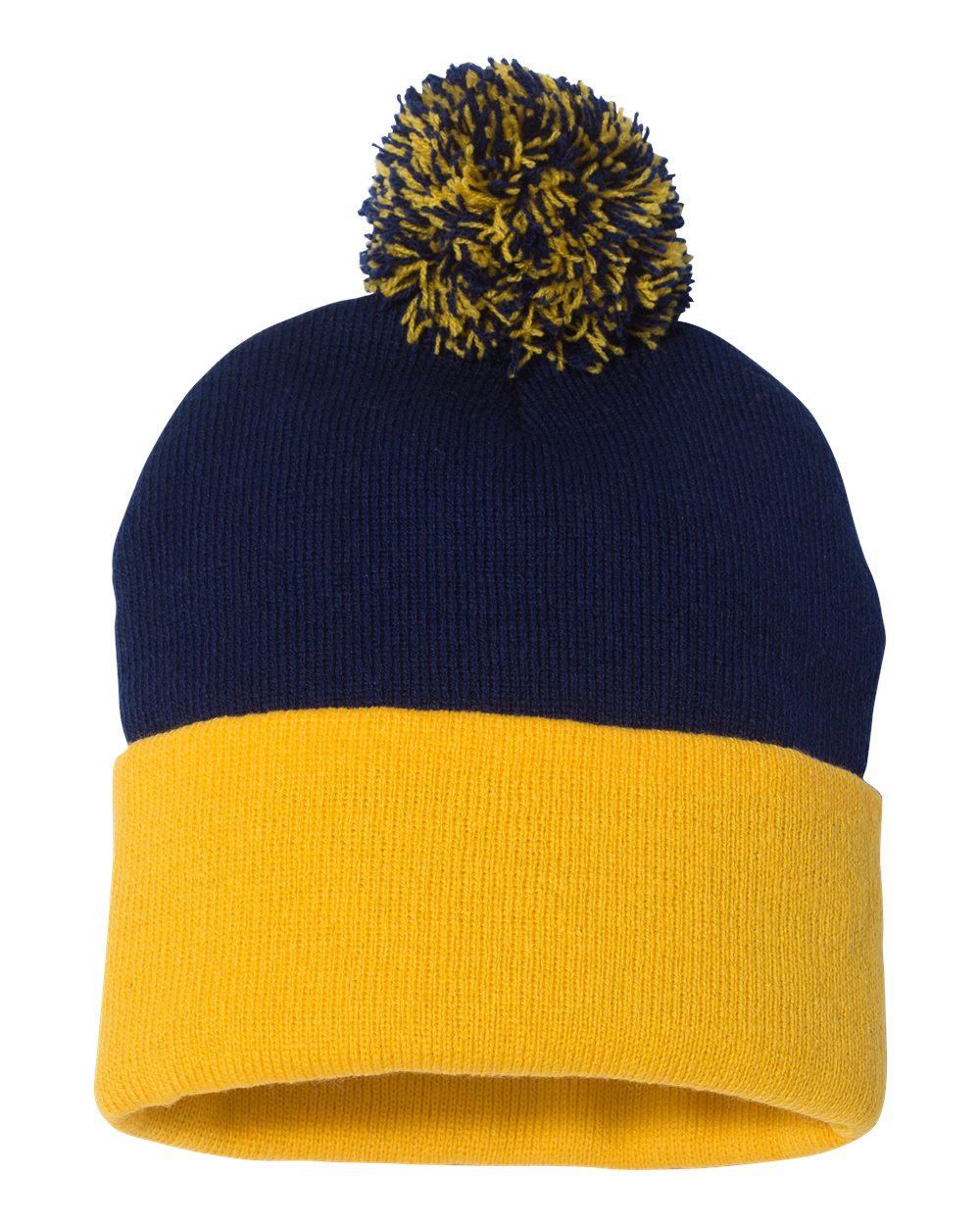 Front View of Navy/ Gold 12" Pom-Pom Cuffed Beanie - SP15