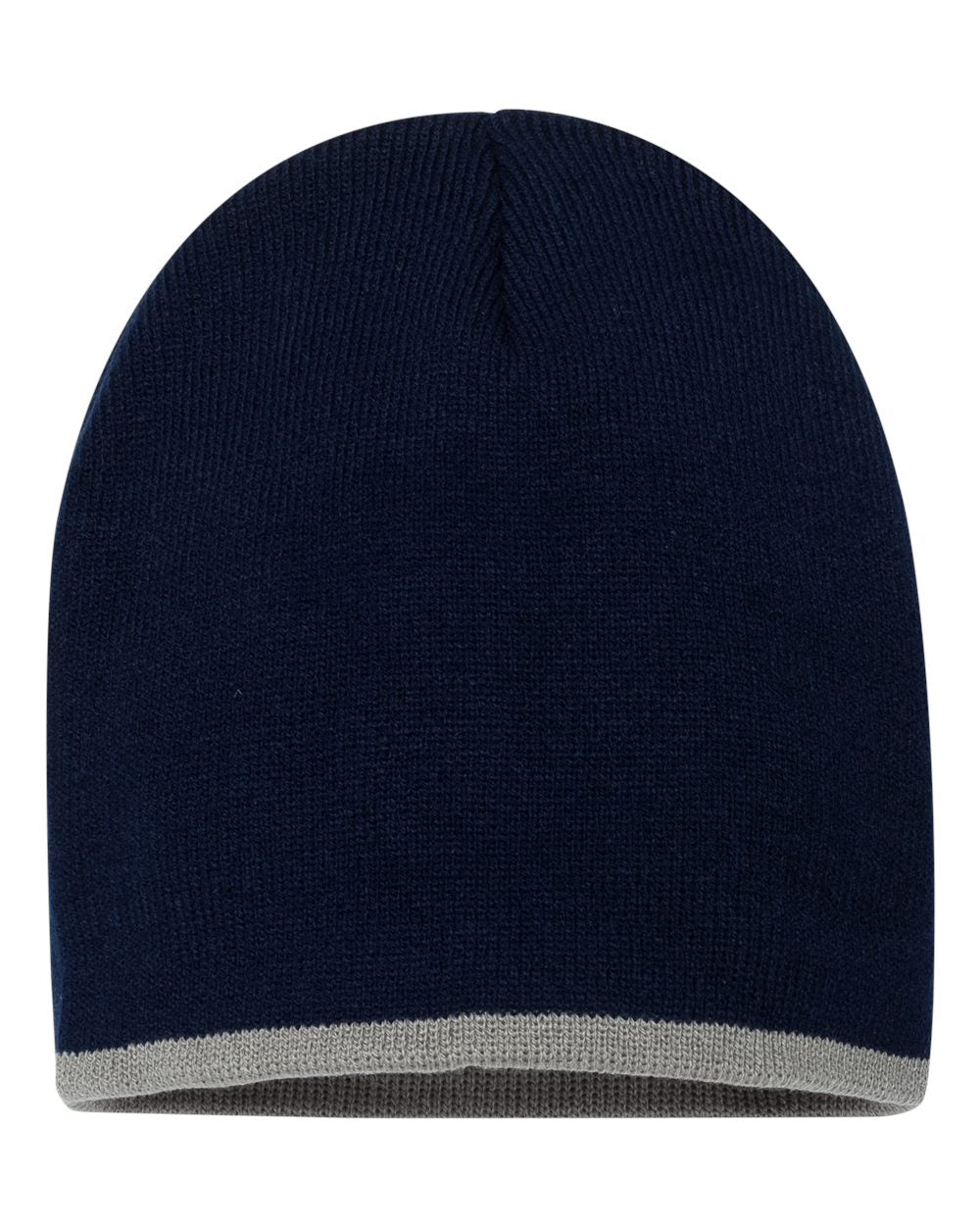 Rear View of Navy/ Grey 8" Bottom-Striped Beanie - SP09 plain