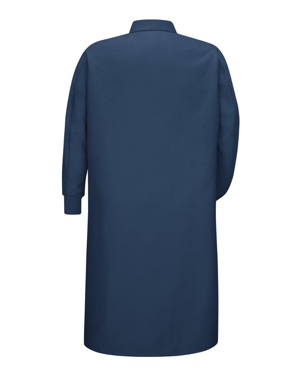 Front View of Navy Gripper-Front Pocketless Butcher Coat With Knit Cuffs - KS60