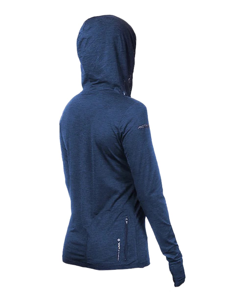 Front View of Navy Heathered Women's Breeze Tech Hooded Long Sleeve T-Shirt - WSBRZH0
