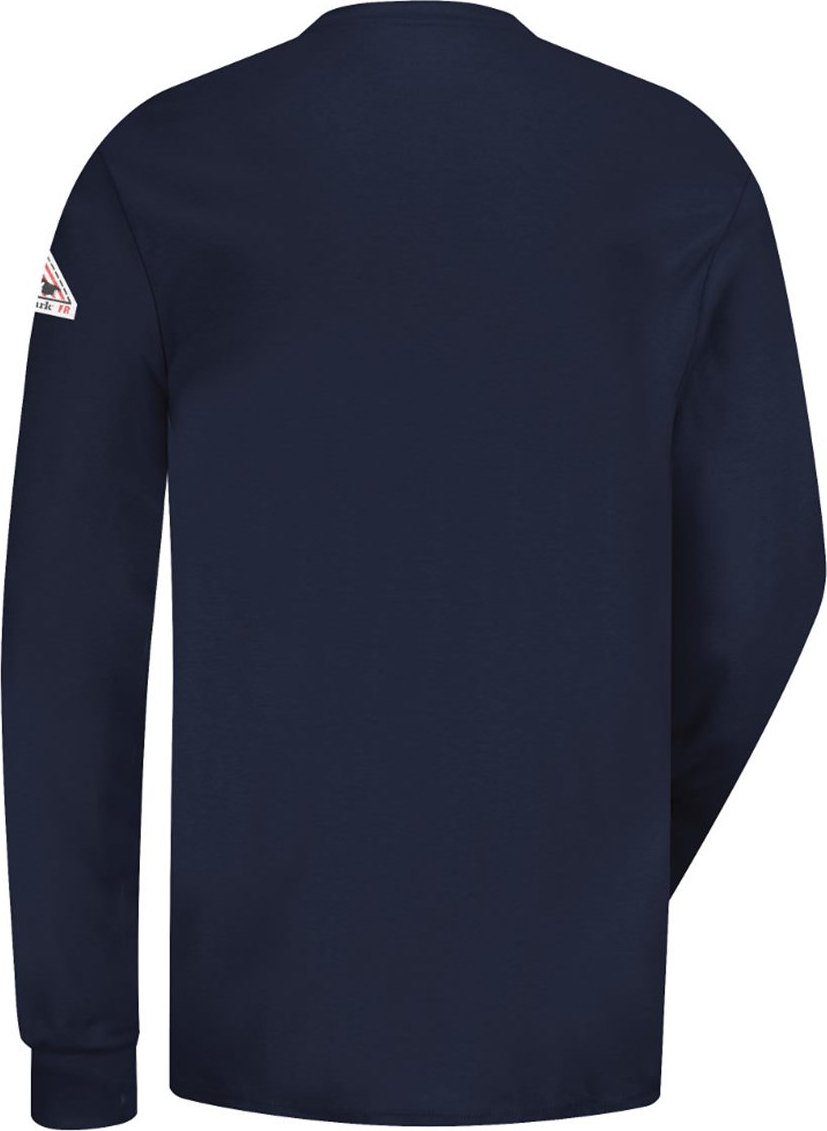 Rear View of Navy Long Sleeve Tagless Henley Shirt - SEL2
