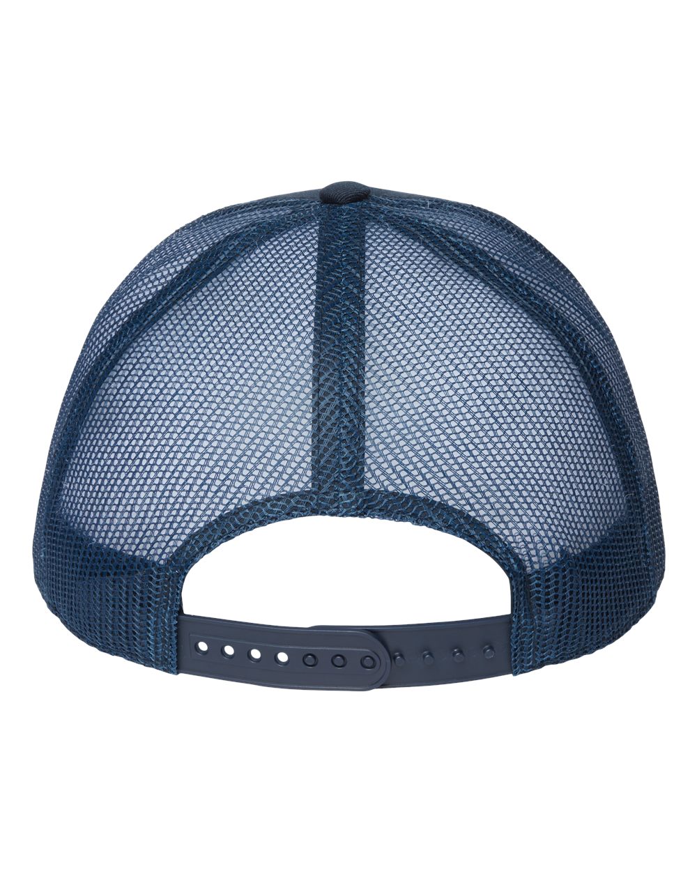 Rear View of Navy/ Navy Sustainable Five-Panel Trucker Cap - ZION