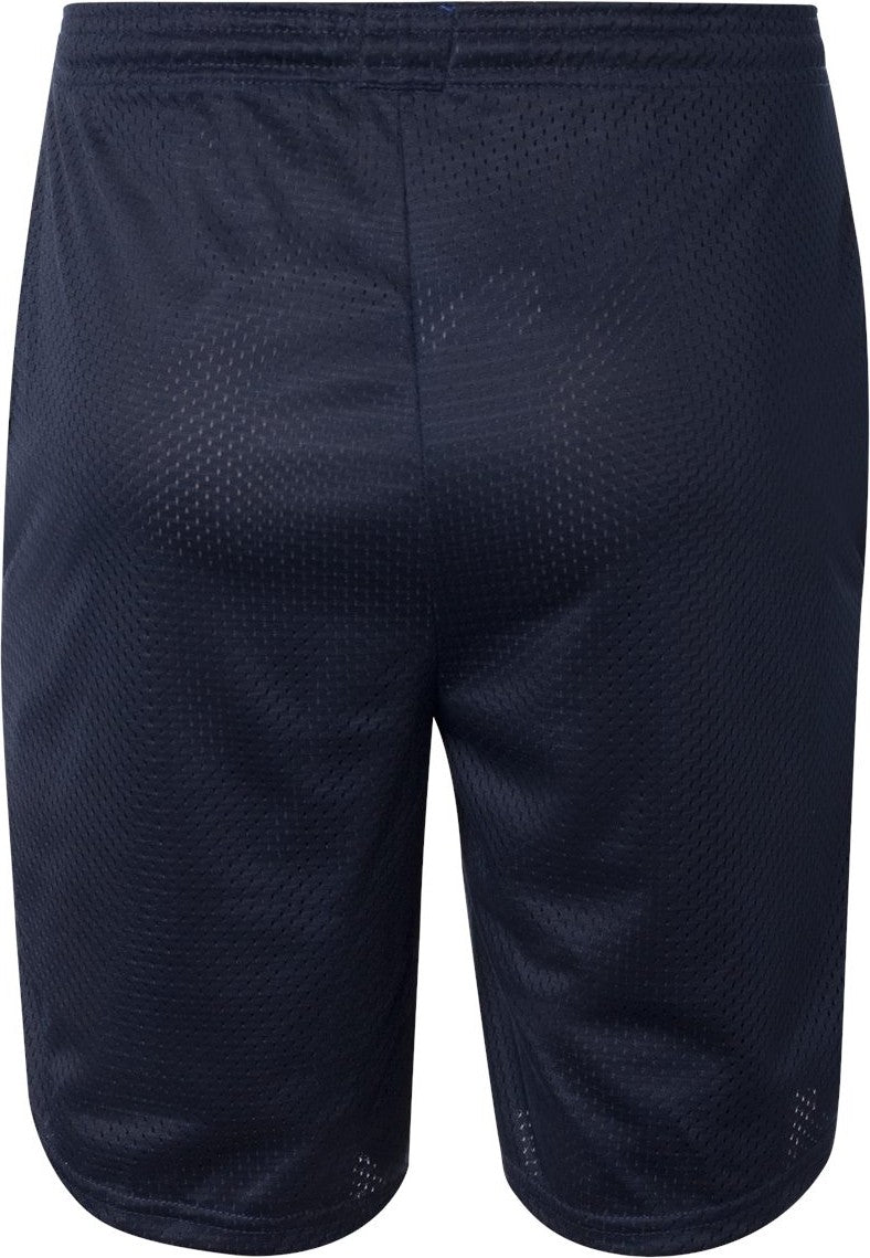 Rear View of Navy Polyester Mesh 9&quot; Shorts with Pockets - S162