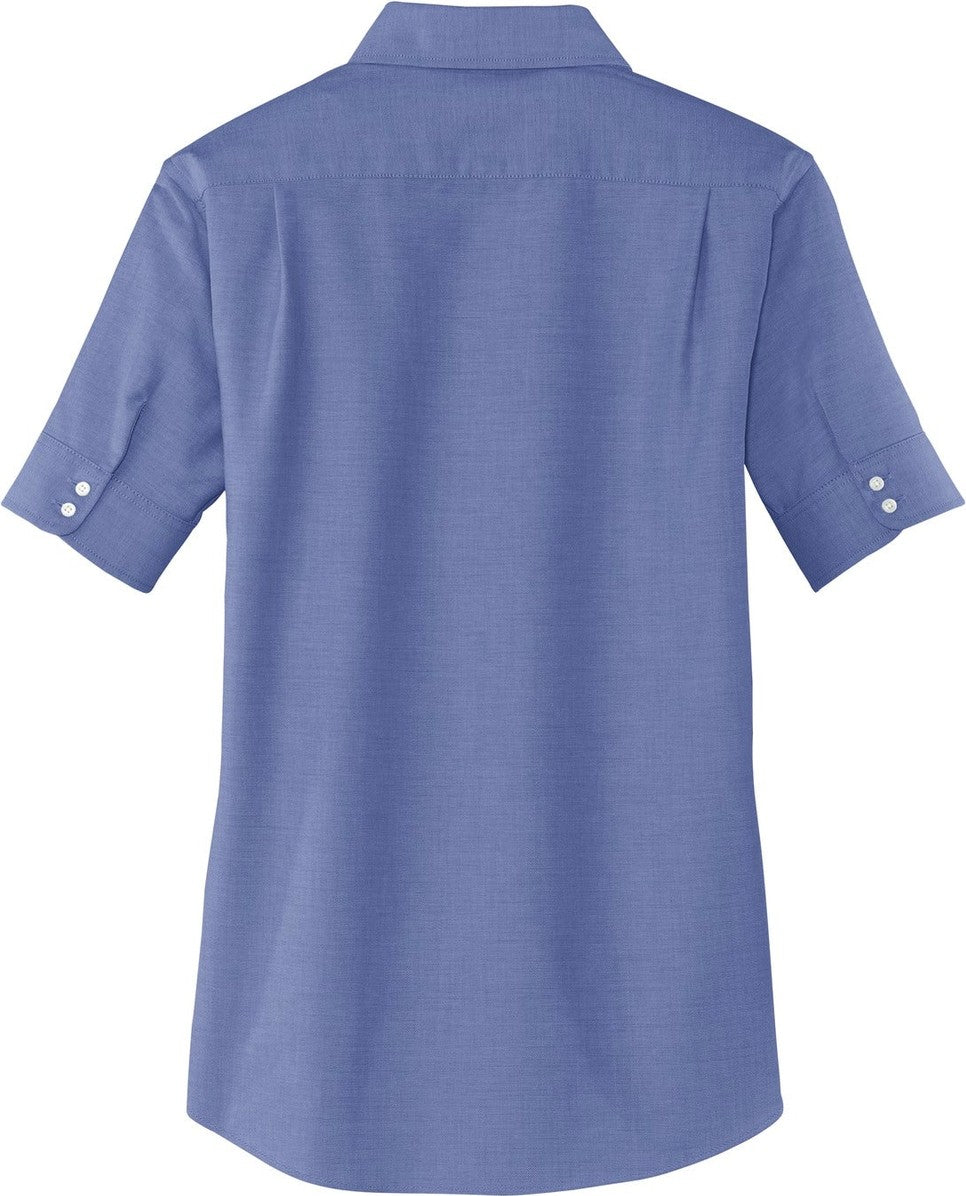 Rear View of Navy Port Authority Women's Short Sleeve SuperPro Oxford Shirt. L659