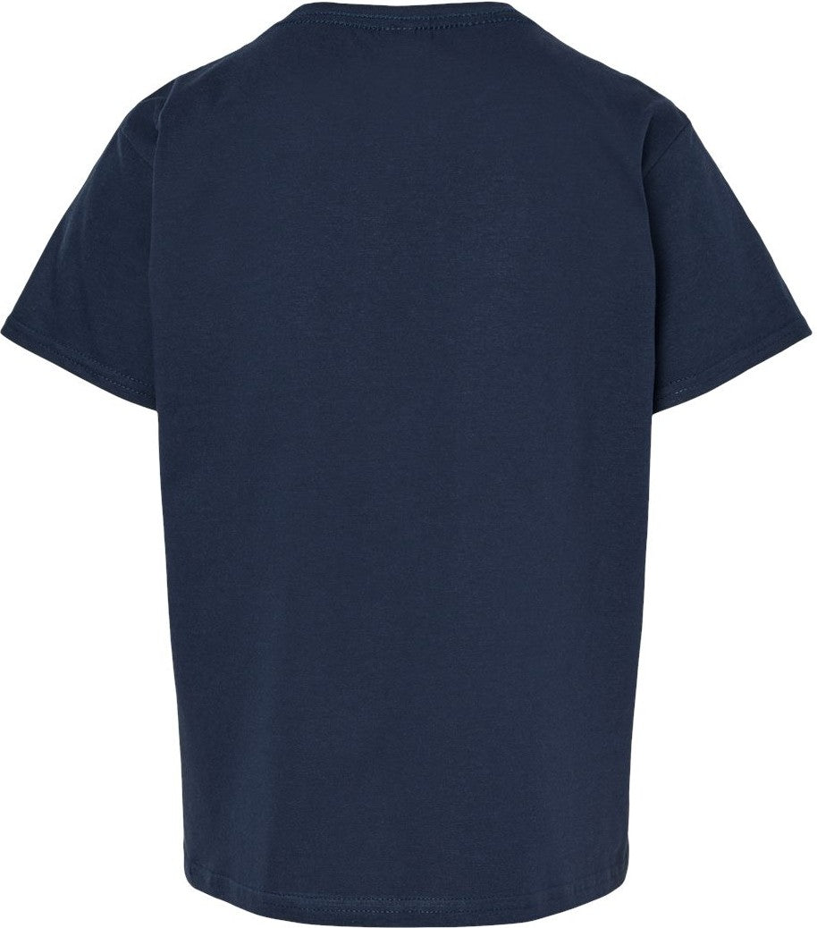 Front View of Navy Softstyle® Youth Midweight T-Shirt - 65000B