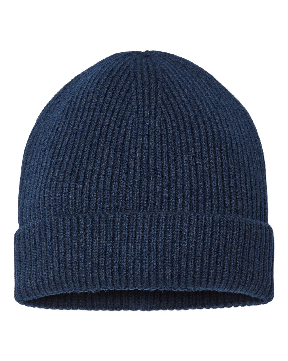 Front View of Navy Sustainable Fine Rib Cuffed Beanie - ANDY