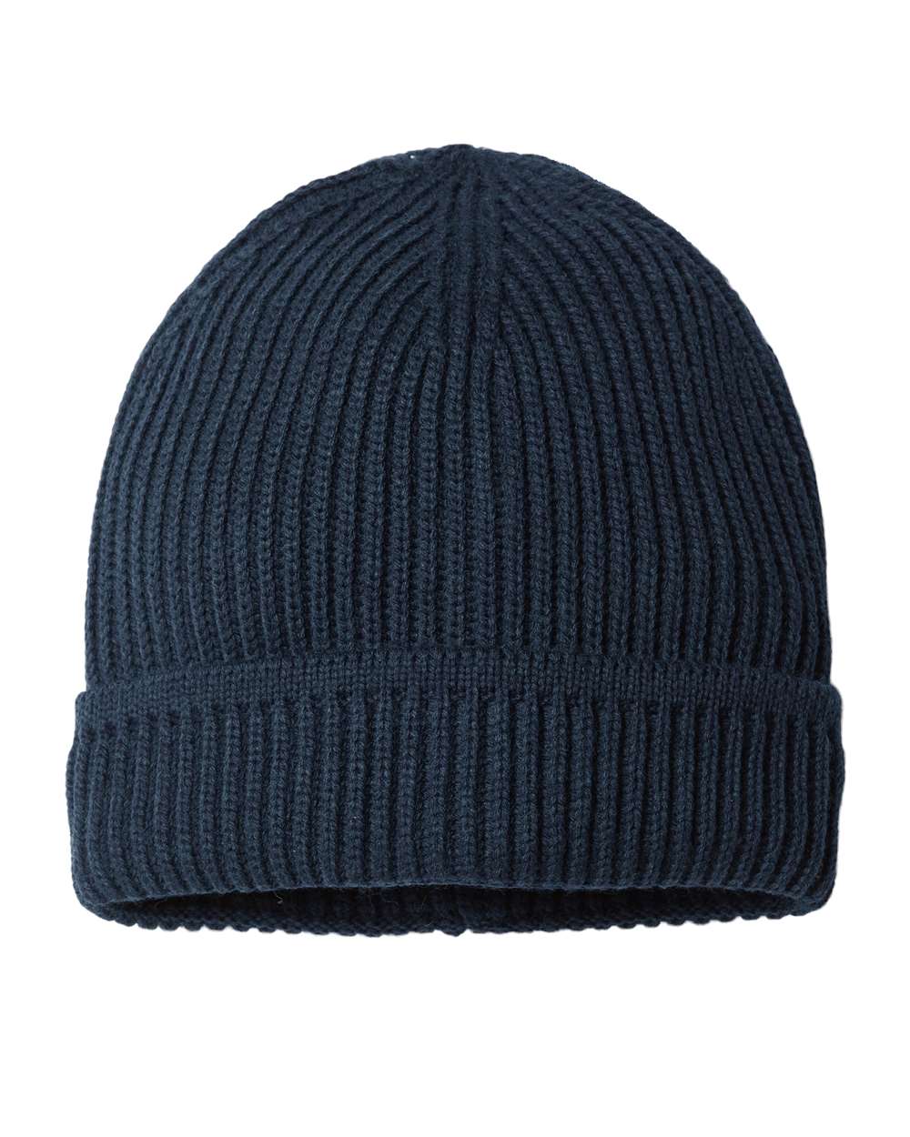 Front View of Navy Sustainable Finish Edge Cuffed Beanie - MAPLE