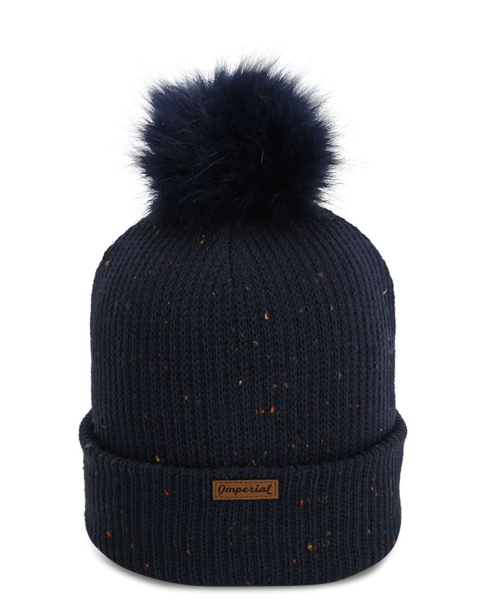 Rear View of Navy The Montage Pom Cuffed Beanie - 6014