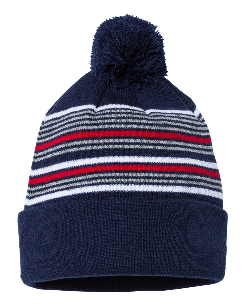Rear View of Navy/ White/ Grey/ Red 12" Striped Pom-Pom Cuffed Beanie - SP60
