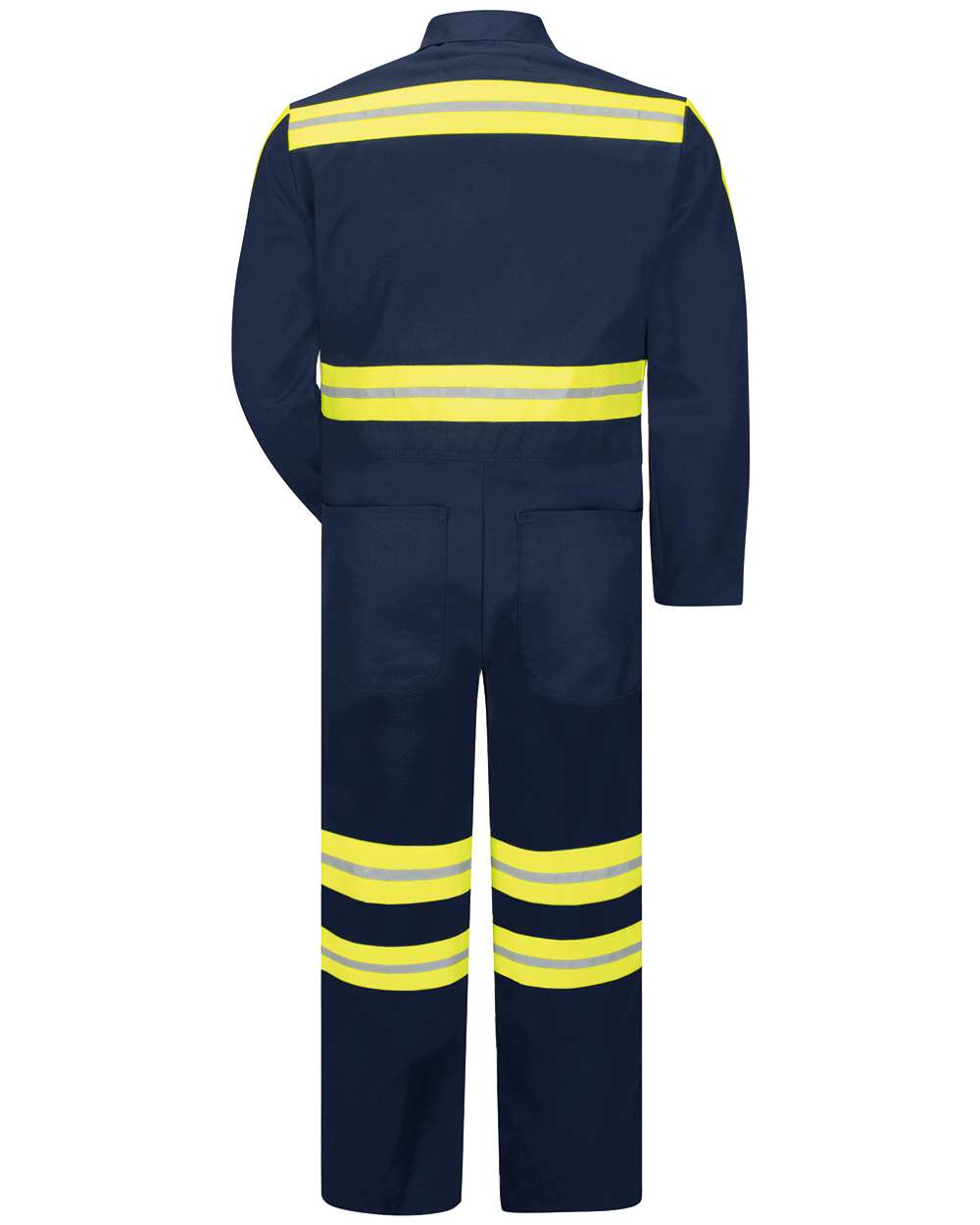Front View of Navy/ Yellow Trim Enhanced Visibility Action Back Coverall - CT10EN