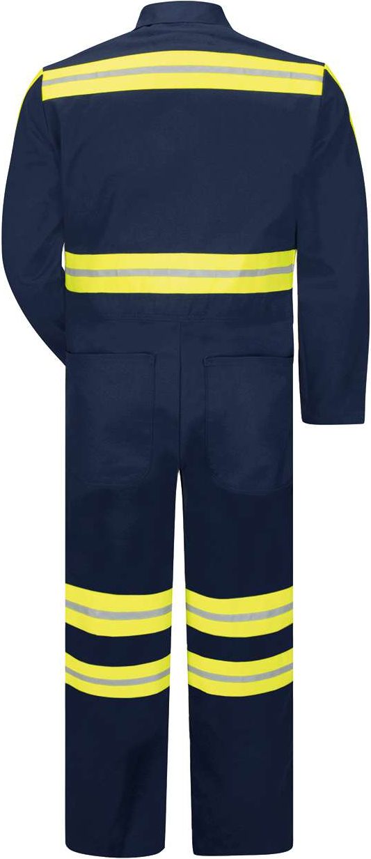 Front View of Navy/ Yellow Trim Enhanced Visibility Action Back Coverall - Tall Sizes - CT10ENT