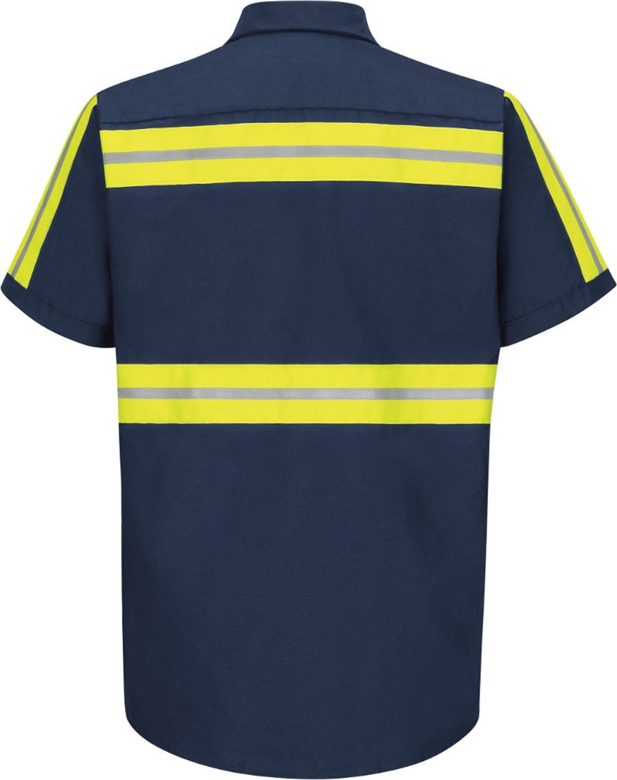Front View of Navy/ Yellow Trim Enhanced Visibility Industrial Work Shirt - Tall Sizes - SP24ET