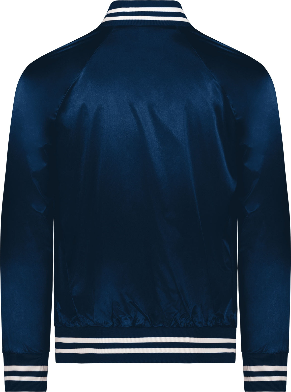 Rear View of NAVY/WHITE SATIN BASEBALL JKT/STRIPED TRM