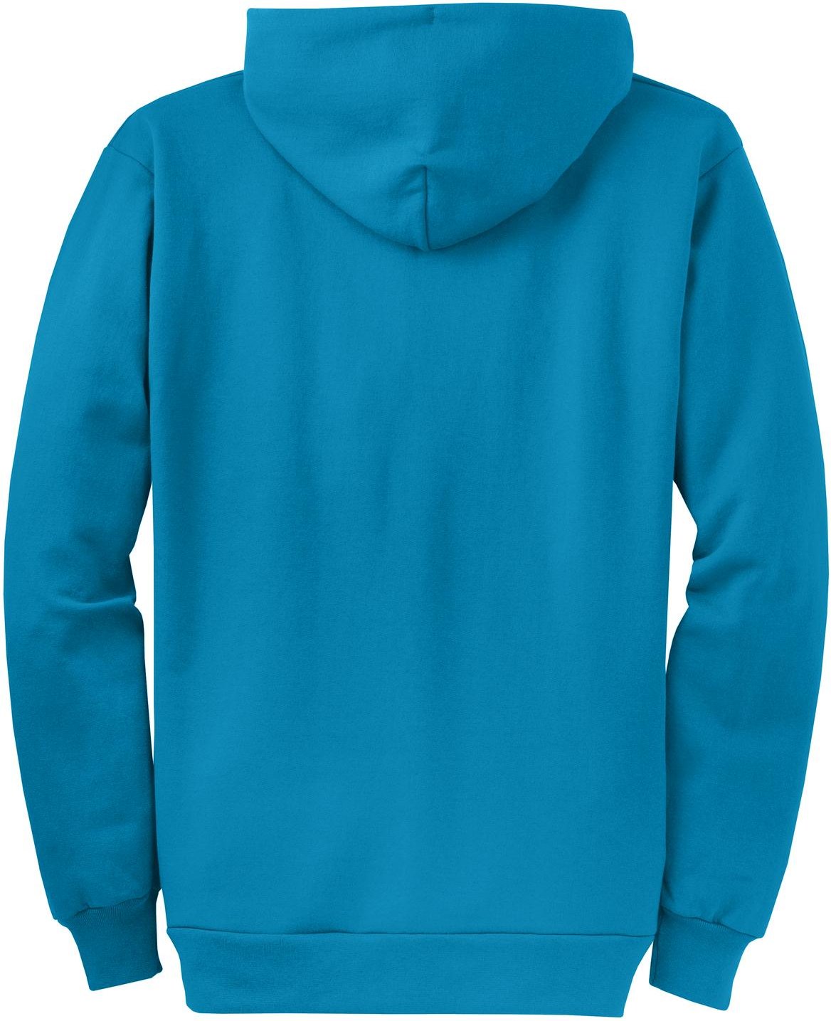 Rear View of Neon Blue Port & Co Core Fleece Full-Zip Hooded Sweatshirt. PC78ZH