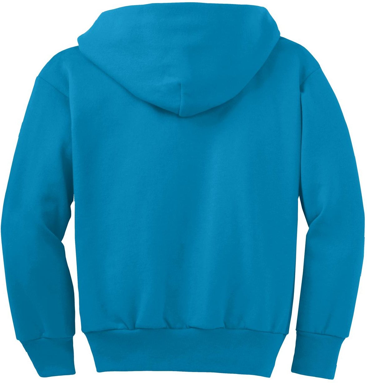 Front View of Neon Blue Port & Co Youth Core Fleece Full-Zip Hooded Sweatshirt. PC90YZH