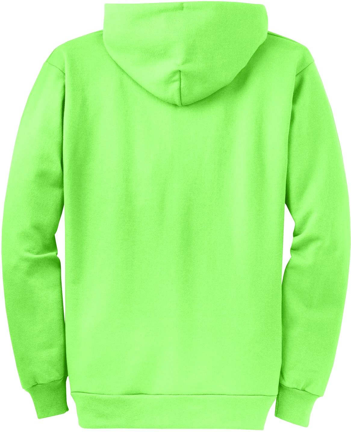 Front View of Neon Green Port & Co Core Fleece Full-Zip Hooded Sweatshirt. PC78ZH