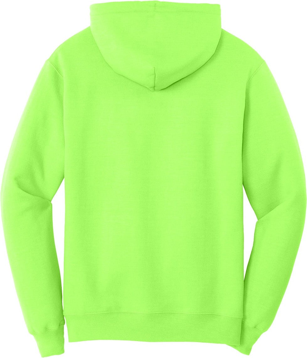 Front View of Neon Green Port & Co Core Fleece Pullover Hooded Sweatshirt. PC78H